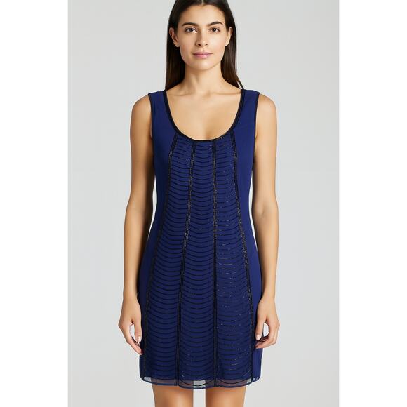 NWT Susana Monaco Beaded Sleeveless Sheath Dress 4 Navy Blue Glam Event NYE - Picture 1 of 6